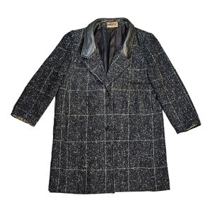 Vintage Havoc USA Coat 80s 90s Long Black Tweed Blazer‎ Jacket Leather Collar 12